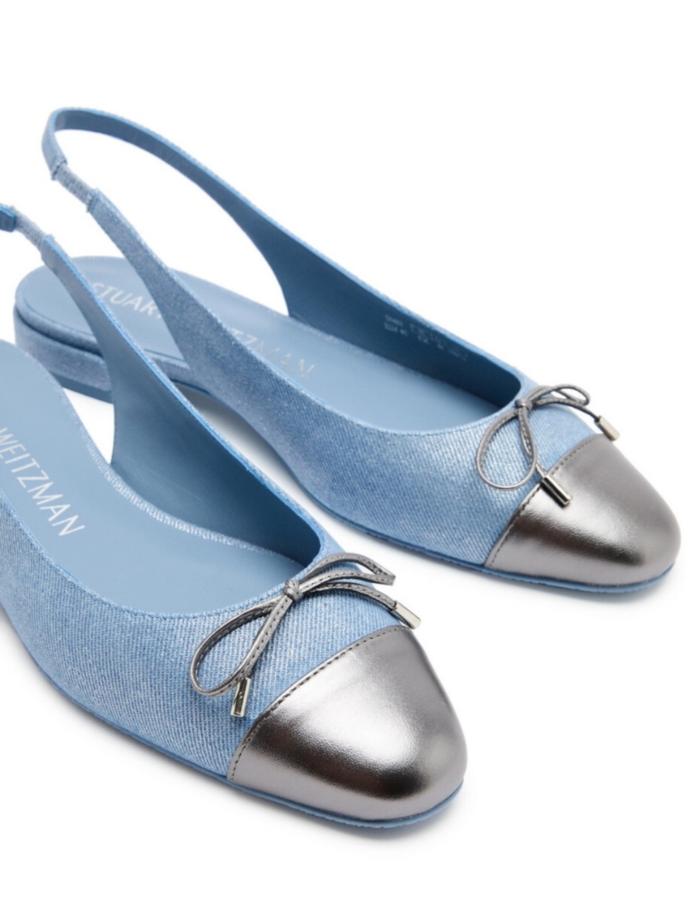 Stuart Weitzman womans sleek blue flats sling back silver bow 9 leather cap toe